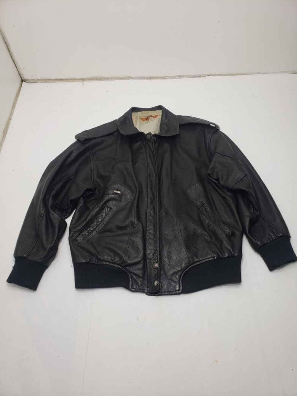 The Flight Club Black Leather Bomber Jacket Aviation Map Lining Mens Large